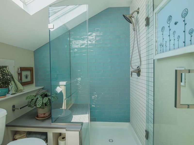 A modern bathroom with a glass shower enclosure, blue tile wall, and white subway tiles. There’s a potted plant on a shelf above the toilet and a frosted glass door with flower designs. Natural light enters from a skylight.